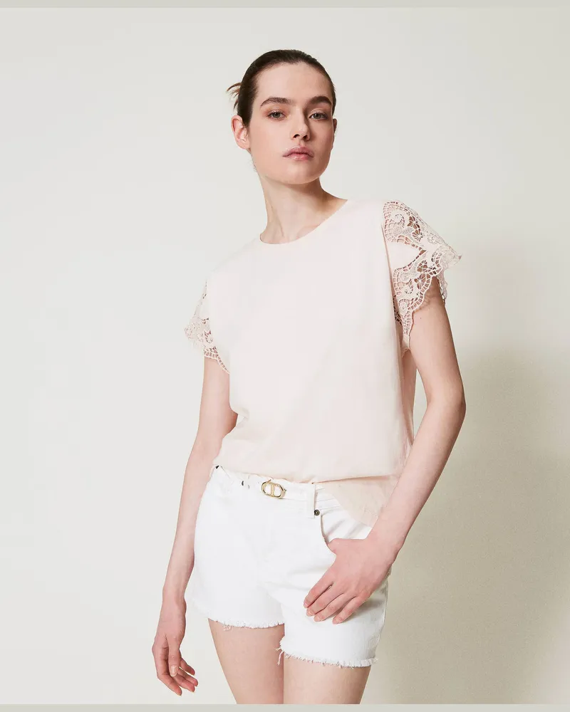 Twin-Set T-Shirts - T-Shirt im Regular-Fit mit Spitze, Fairy Rose, Größe: XXS 