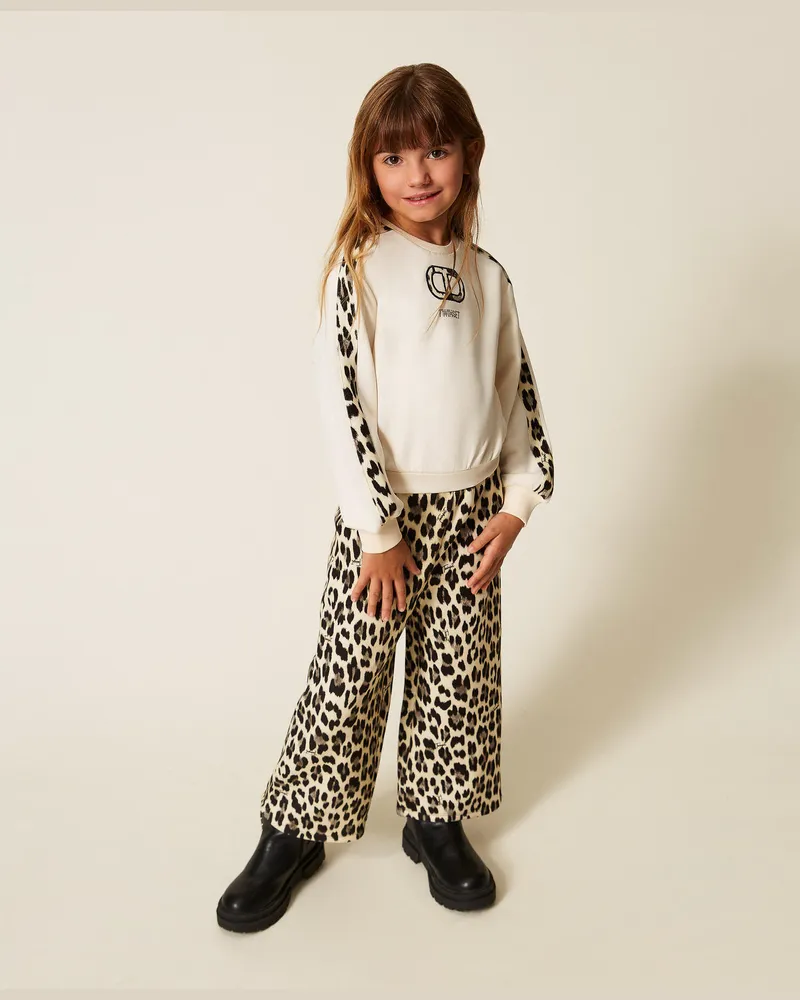 Twin-Set Sweatshirts und -jacken - Mädchensweatshirt mit Oval T und bedruckter Hose, Zweifarbig Papyrusweiß / Leopardenprint, Animal, Größe Zweifarbig