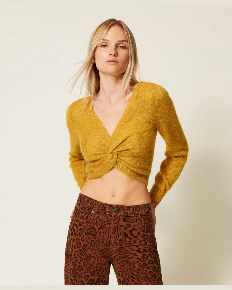 Twin-Set Pullover - Schulterwärmer aus Gestrick aus Mohairmischung, Senfgelb, Größe Senfgelb