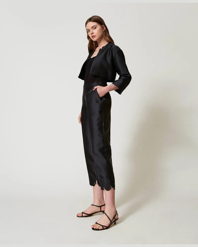 Actitude by Twinset Hosen - Twillhose mit Stickerei in der Optik von St. Galler Spitze, Schwarz, Größe Schwarz
