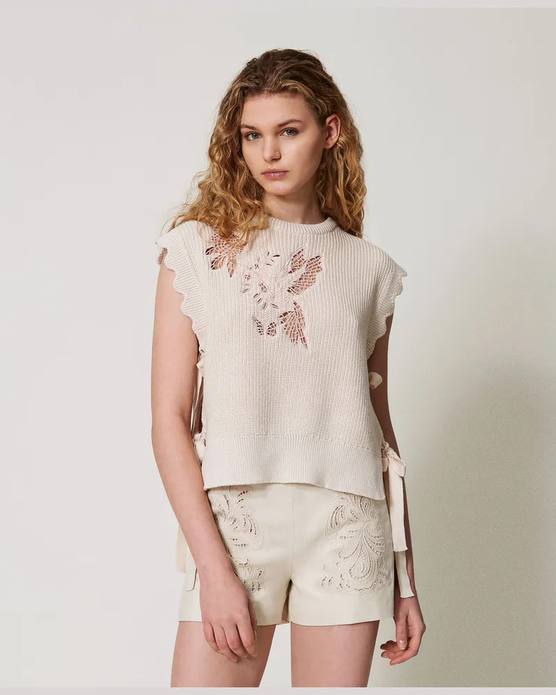 Twin-Set Tops - Stricktop mit Stickerei und Bändern, Light Natural, Baumwolle, Größe: XXL 