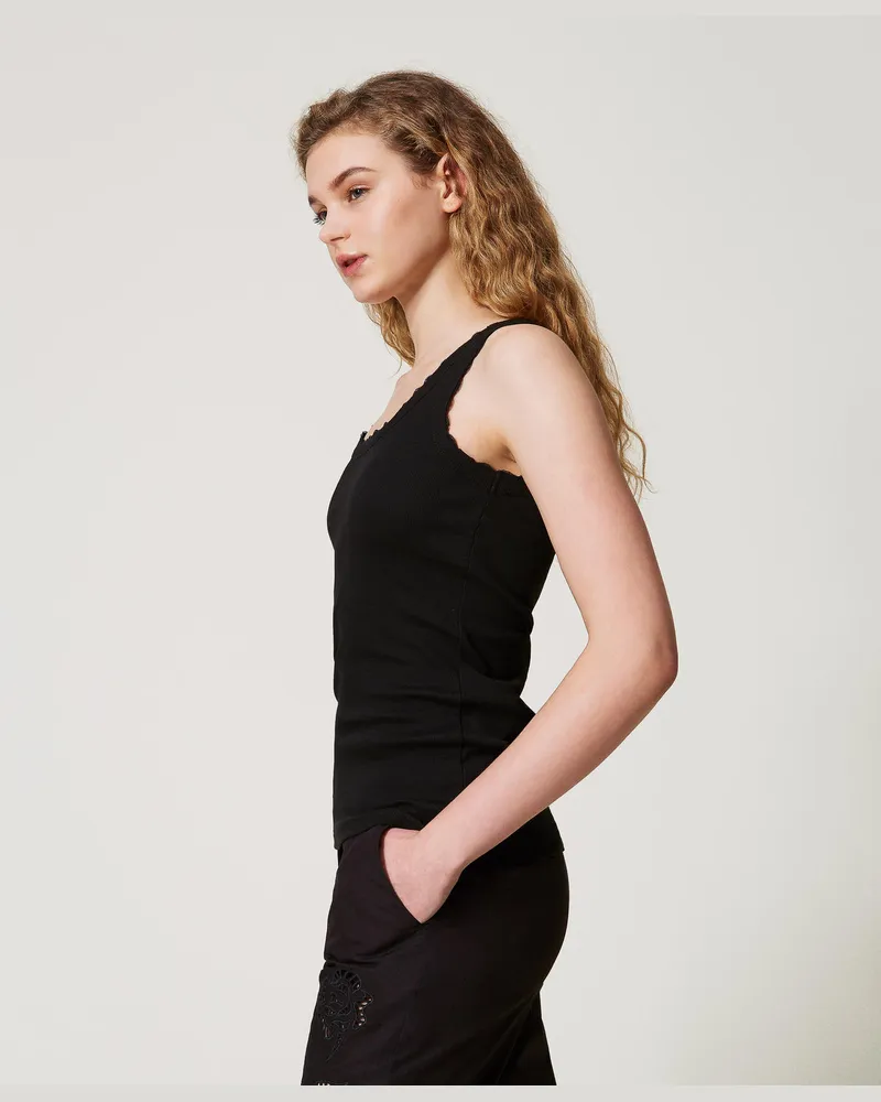 Twin-Set Tops - Figurbetontes Rippentop mit Spitze, Schwarz, Baumwolle, Größe: XXS 