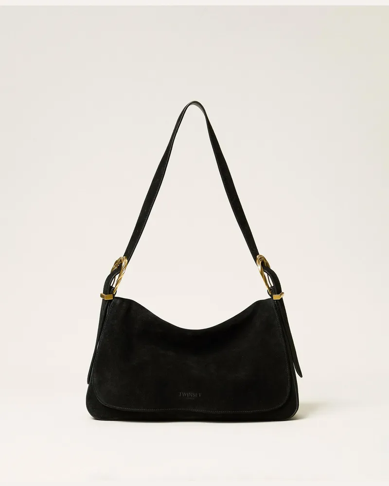 Twin-Set Liliane Tasche aus Veloursleder mit Schnallen, Damen, Schwarz Schwarz