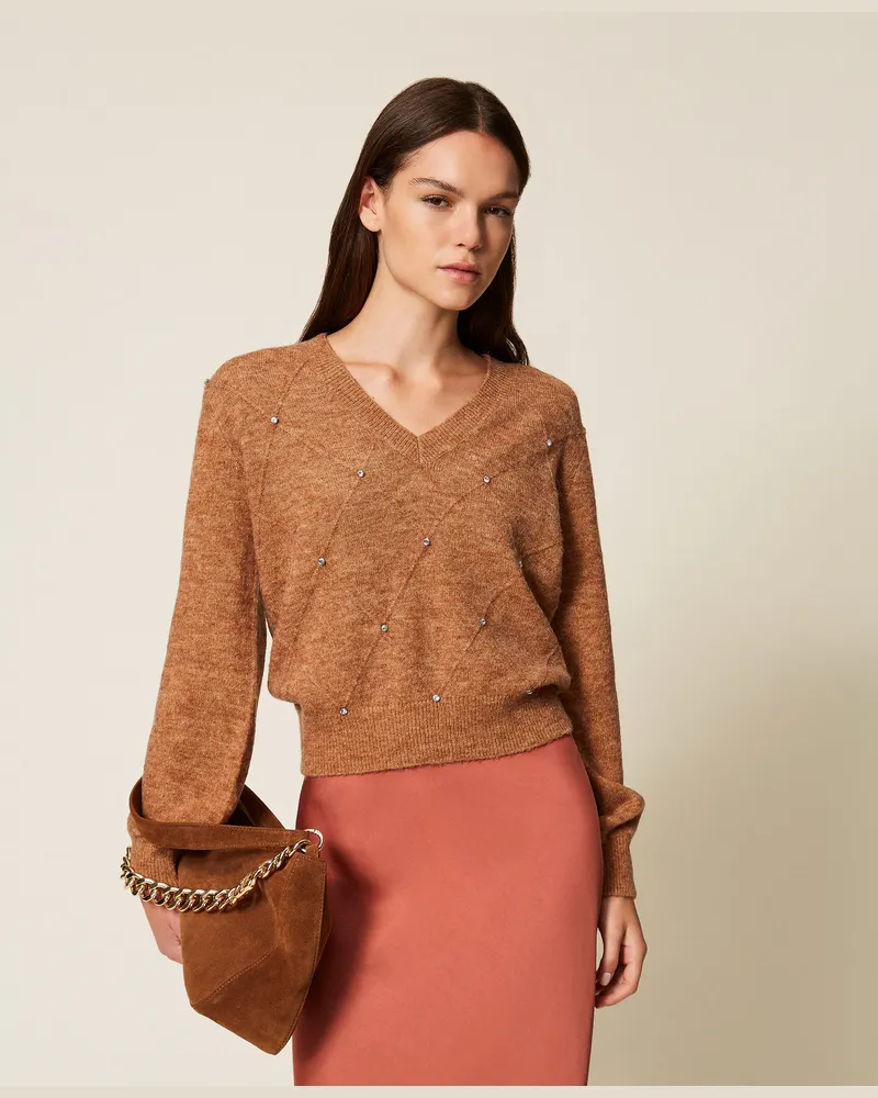Twin-Set Pullover im Rautenmuster mit Stickerei, Camel Melange, Größe Camel