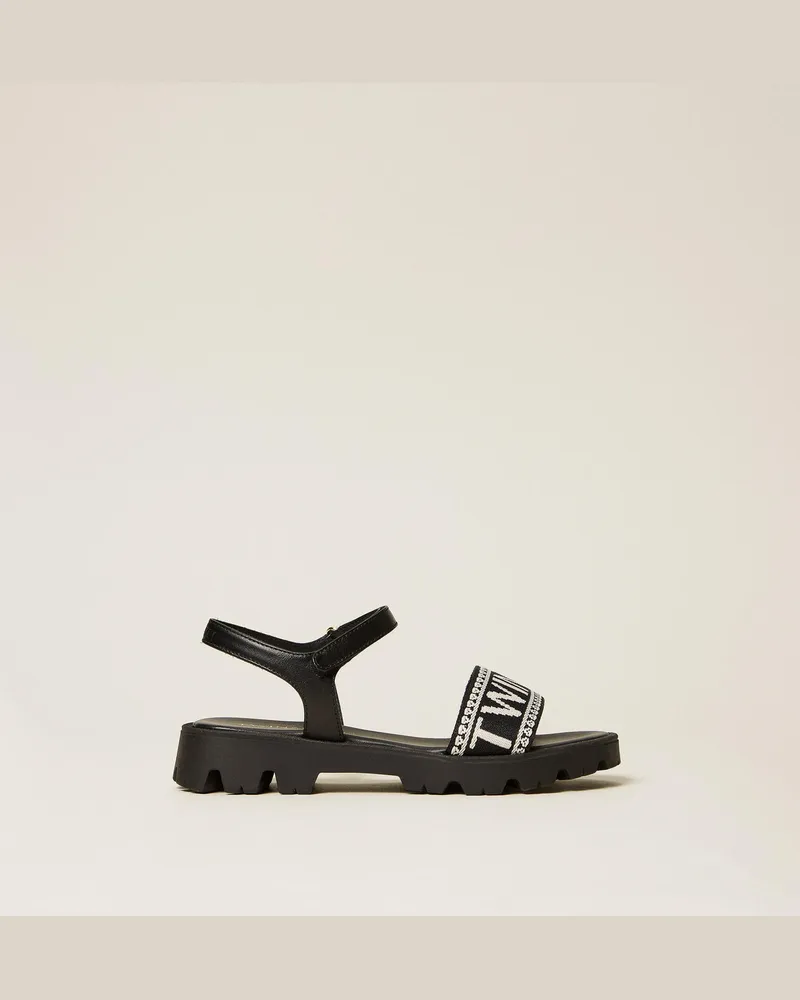 Twin-Set Schuhe - Ledersandale mit Jacquard-Logo, Schwarz, Größe Schwarz
