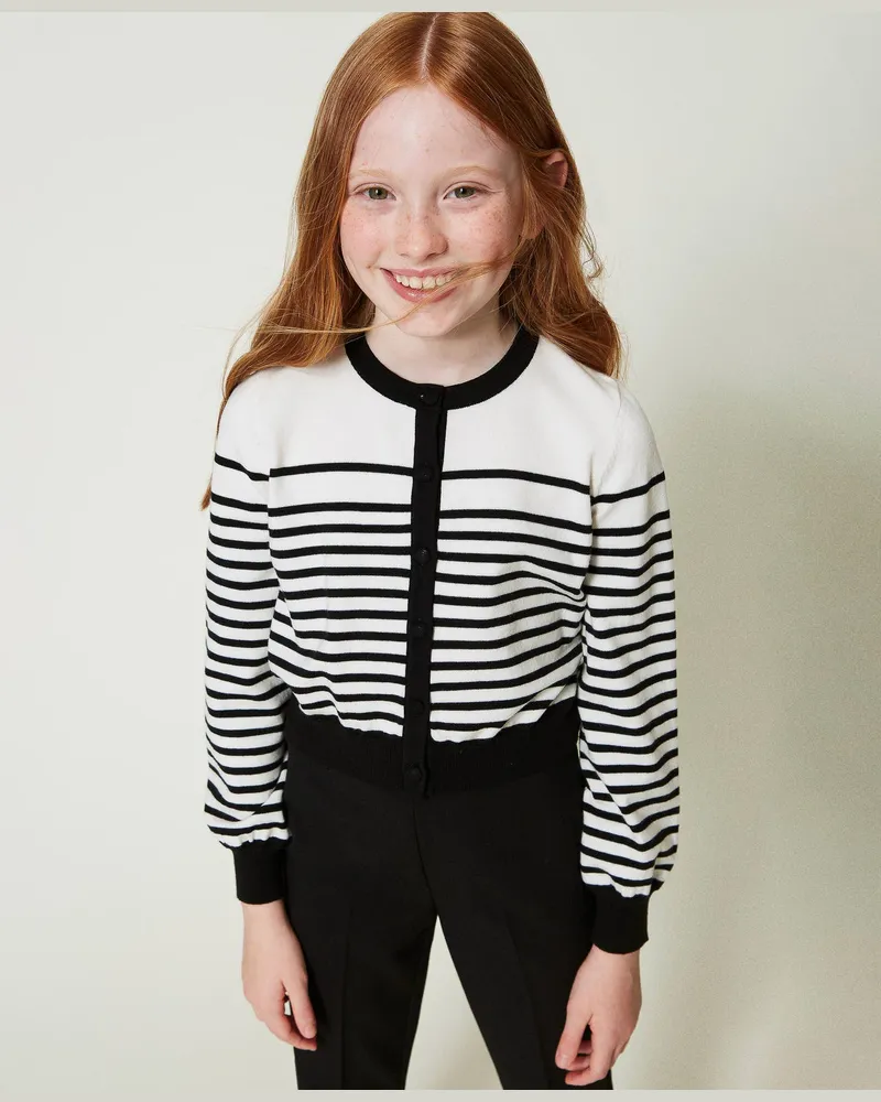 Twin-Set Cardigans - Gestreifter Cardigan mit Jacquardlogo, Zweifarbig Off White / Schwarz, Größe: 8A 