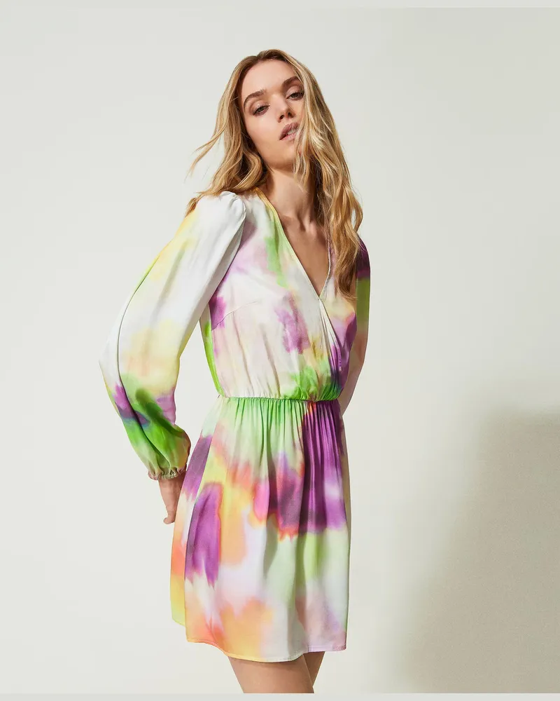 Twin-Set Bademode - Kurzes Kleid mit Tie-Dye-Print, Print Tie-Dye Multicolor Lime, Größe: XL 
