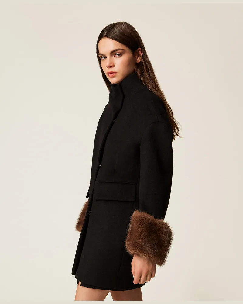 Actitude by Twinset Jacken und Outerwear - Mantel aus Velourstuch mit Kunstpelz, Schwarz, Wolle, Größe Schwarz