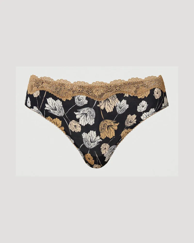 Twin-Set Unterwäsche - Brazilian-Slip mit Print und Spitze, Print Flowers Schwarz, Mit Blumen, Größe: II 