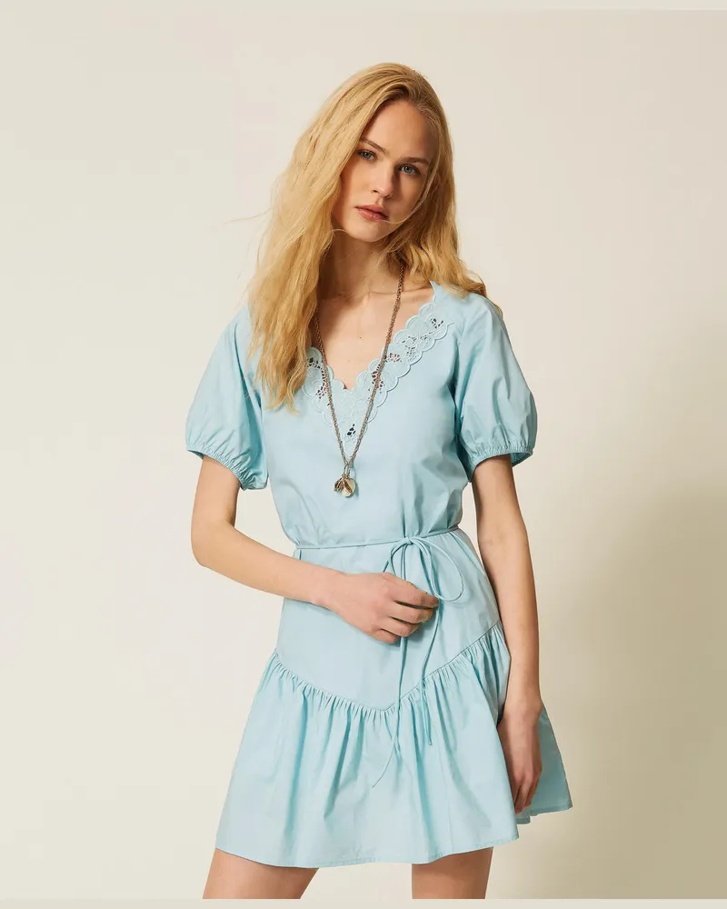 Twin-Set Kleider - Kurzes Kleid aus Popeline mit Lochstickerei, "Dusty Sky"-Hellblau, Baumwolle, Größe Dusty