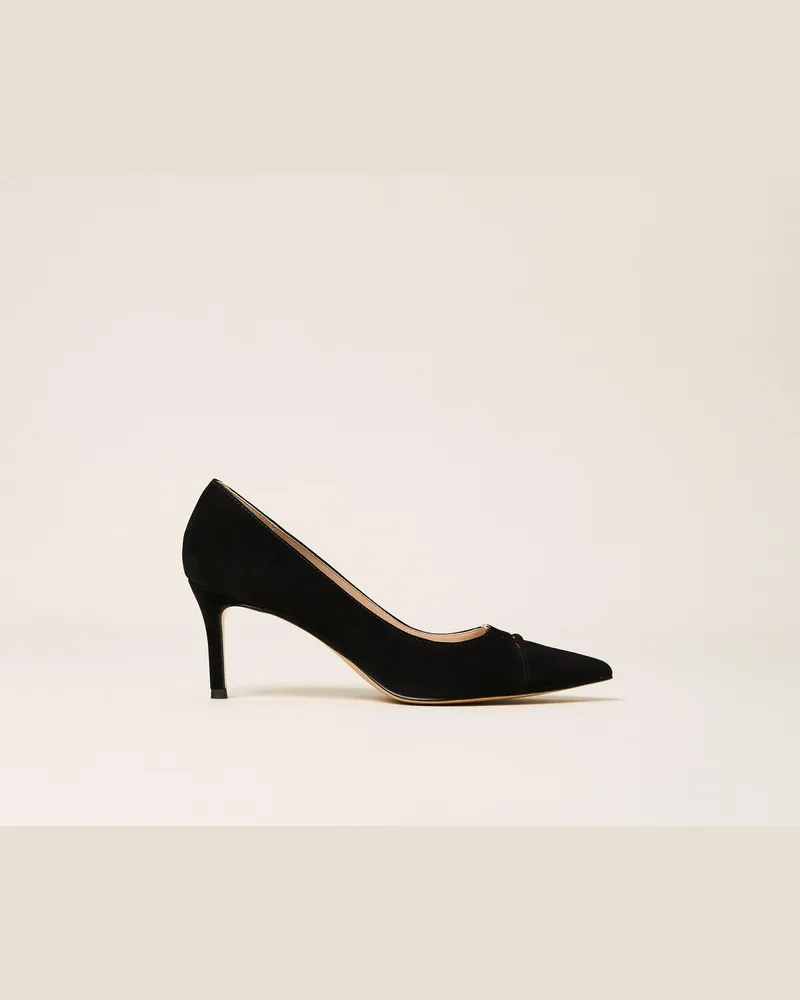 Twin-Set Pumps aus Veloursleder mit Logo, Damen, Schwarz Schwarz