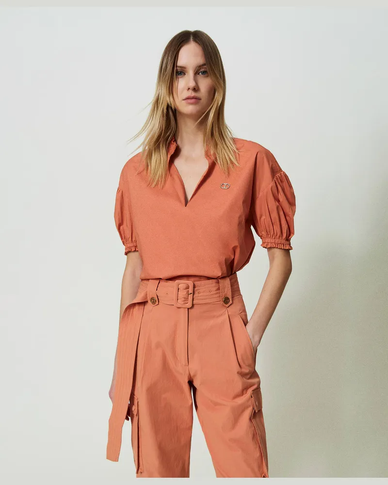 Twin-Set Blusen - Popelinebluse mit Oval T, „Canyon Sunset"-Orange, Baumwolle, Größe „canyon