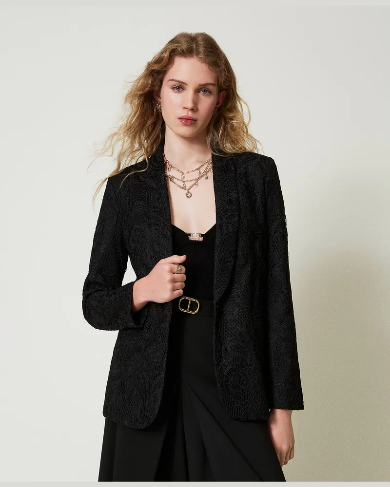 Twin-Set Jacken und Outerwear - Blazer aus Makrameespitze, Schwarz, Größe Schwarz