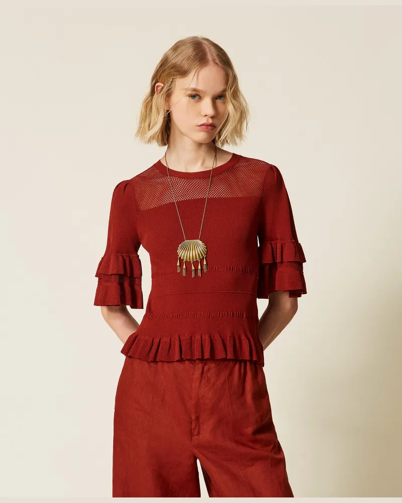 Twin-Set Pullover im Rippen- und Netz-Dessin mit Volants, "Henna" Brown, Größe Henna