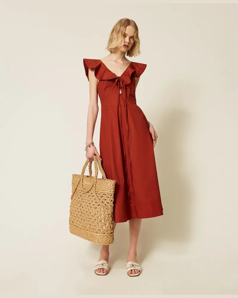 Twin-Set Kleider - Midikleid aus Popeline mit Rüschen, „Henna" Brown, Baumwolle, Größe „henna“
