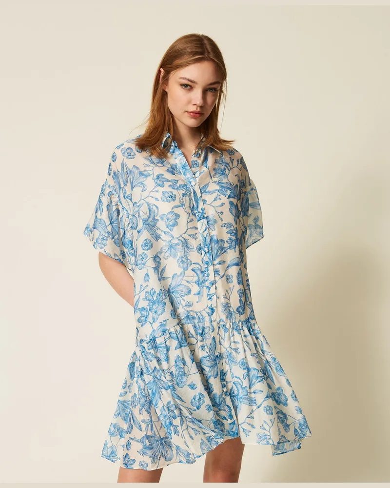 Twin-Set Kleider - Kurzes Hemdblusenkleid mit Blumendessin, Print Toile De Jouy Off White/Blu Med, Größe Print