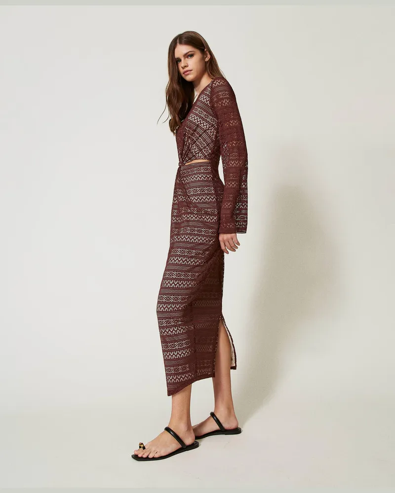Twin-Set Bademode - Maxikleid aus Stoff mit Durchbruchmuster, Brown Stone, Größe: L 