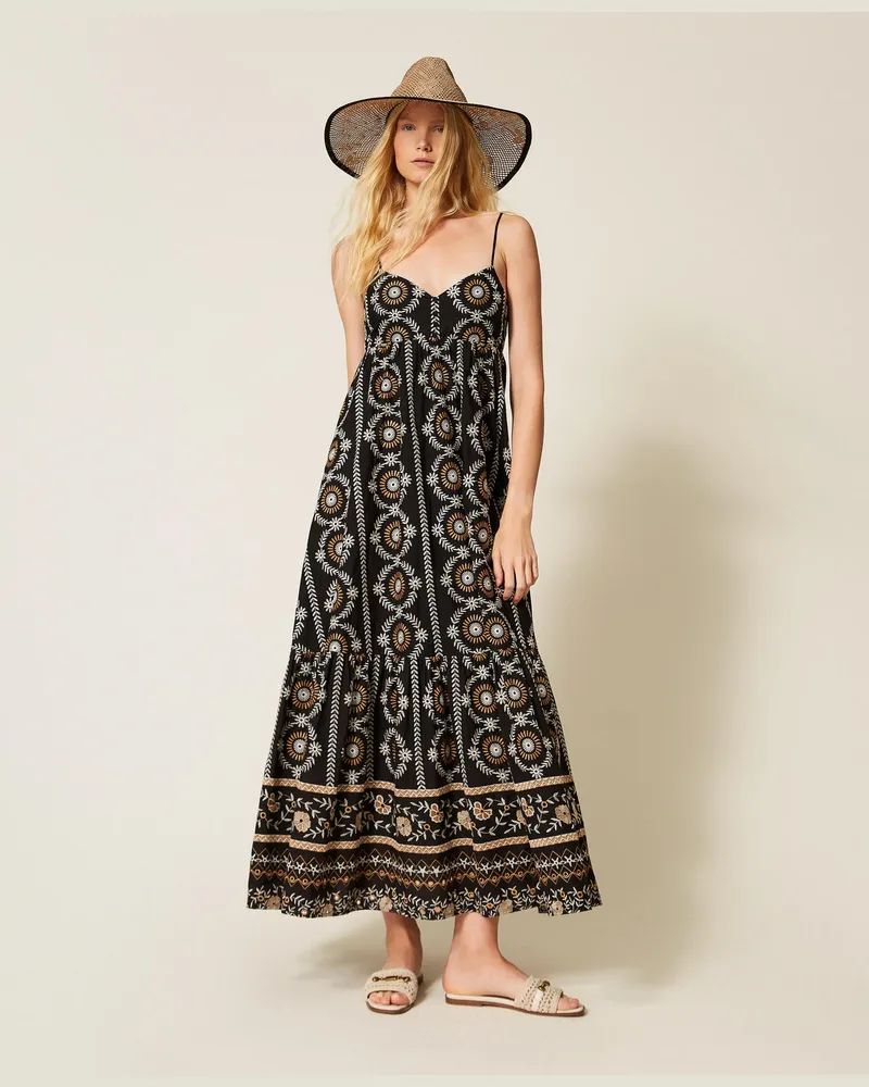 Twin-Set Bademode - Langes Kleid aus Musselin mit Lochstickerei, Multicolor Schwarz/Off White/"Hazelnut"-Braun, Baumwolle, Größe Multicolor