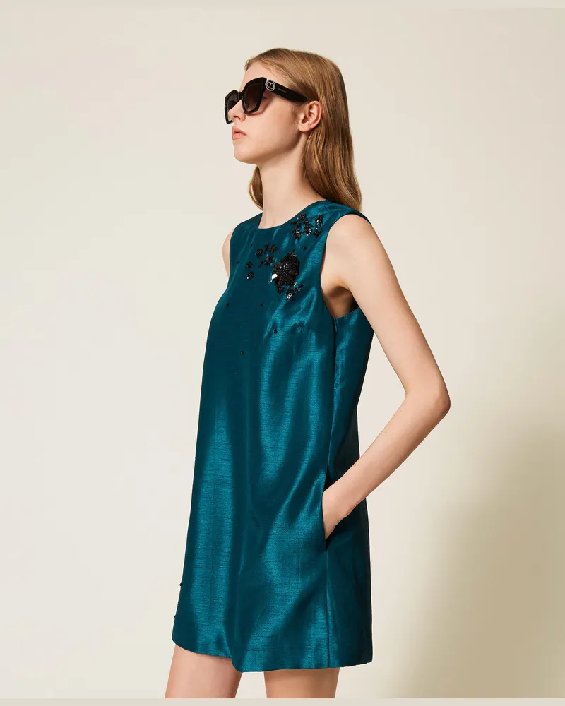 Actitude by Twinset Kleider - Kurzes Shantung-Kleid handgefertigter Stickerei, Green Heron, Satin, Größe Green