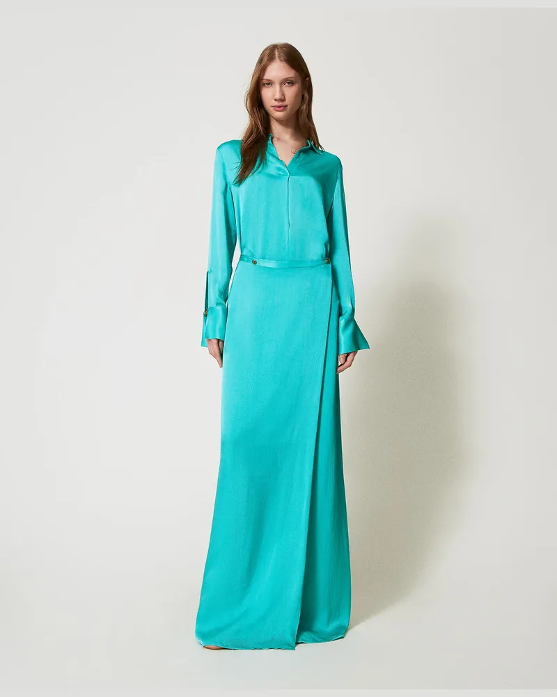 Twin-Set Röcke - Langer Wickelrock aus Satin, Emerald Sea, Größe Emerald