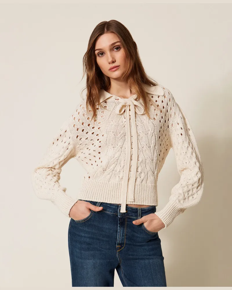 Twin-Set Pullover mit Zopfmuster und Schleife, "Parchment"-Beige, Baumwolle, Größe Parchment-beige