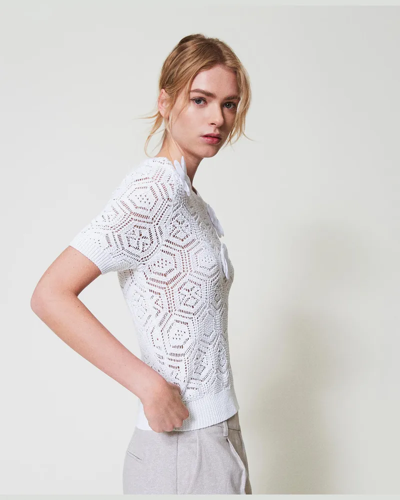 Actitude by Twinset Pullover mit Organza-Blumen, "Papers"-Weiß, Größe: M 