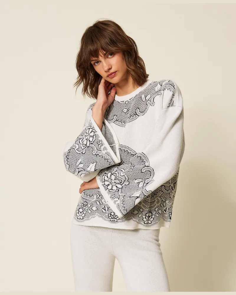 Twin-Set Maxi-Jacquardpullover aus Wollmischung, Damen, Jacquard Perlmutt / Schwarz Jacquard