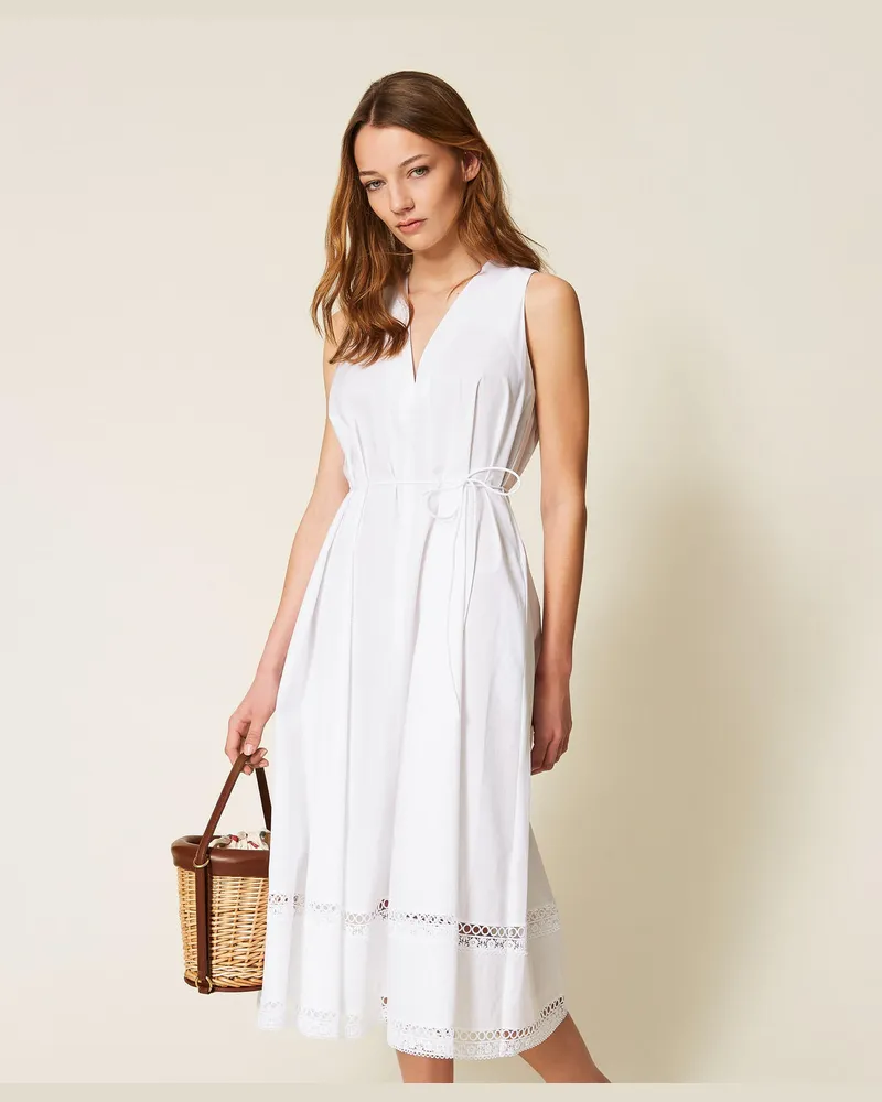 Twin-Set Kleider - Langes Kleid aus Popeline mit Stickerei, Weiß, Baumwolle, Größe Weiß