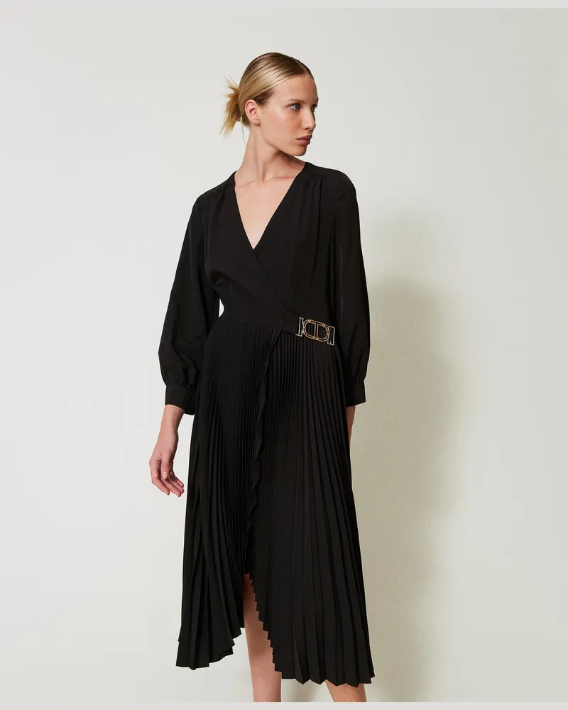 Twin-Set Kleider - Midikleid aus Crêpe de Chine mit Plissees, Schwarz, Größe Schwarz