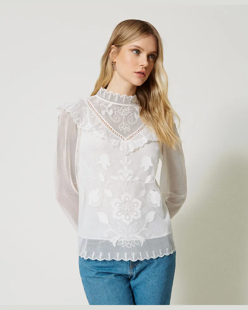 Twin-Set Blusen - Handbestickte Bluse aus Mesh, Weiß Antique White, Baumwolle, Größe Weiß