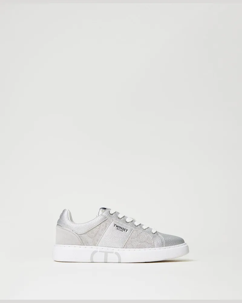 Twin-Set Schuhe - Sneakers mit Spitzeneinsätzen und Oval T-Logo, Silber, Größe Silber