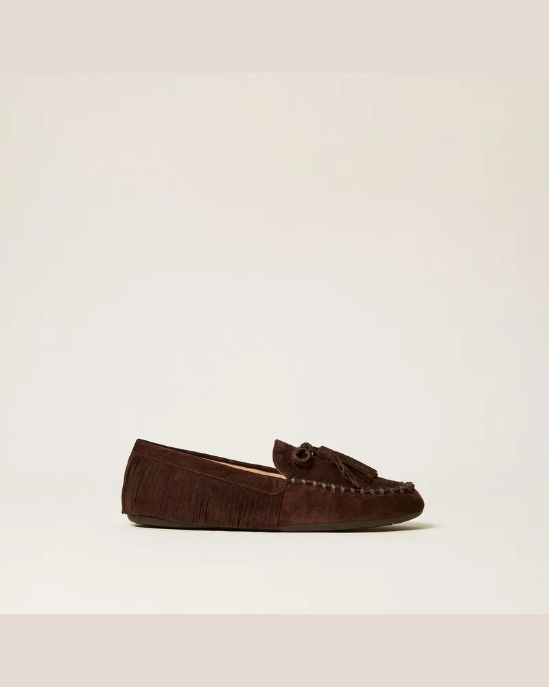 Twin-Set Mokassin aus Veloursleder mit Fransen, Damen, Darkness Brown Darkness