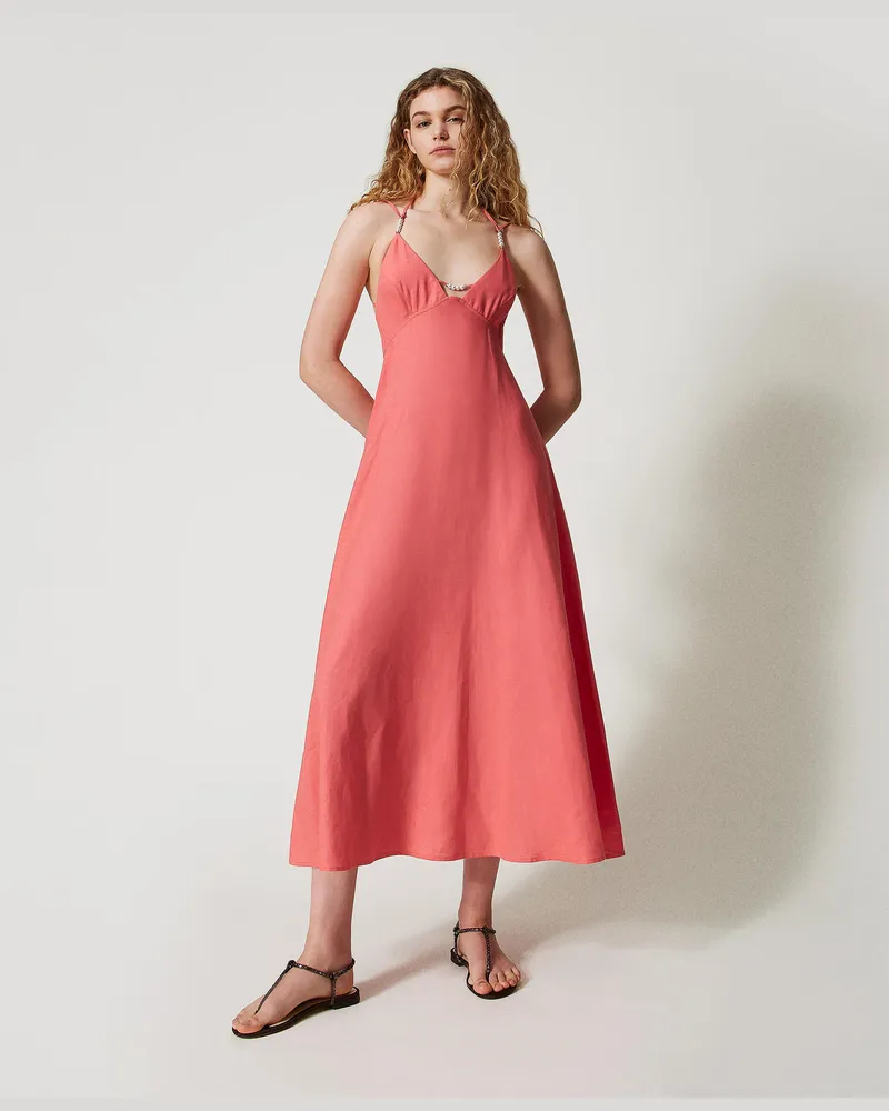 Twin-Set Bademode - Maxikleid aus Leinenmischung mit Perlen, Coral Sunset, Größe: L 