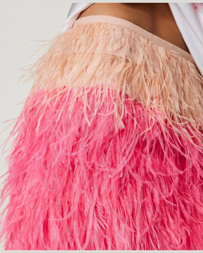 Actitude by Twinset Röcke - MYFO Minirock aus Crêpe de Chine mit Federn, Zweifarbig „Evening Sand"-Beige / Neonrosa, Größe: XXS 