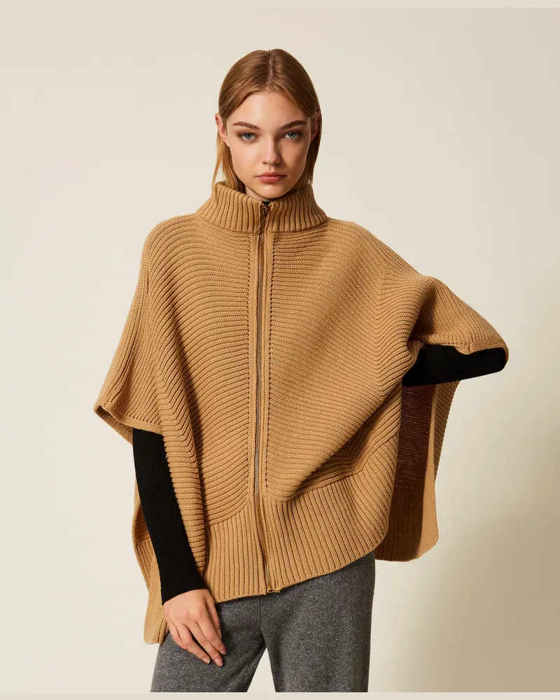 Twin-Set Jacken und Outerwear - Strickponcho mit Reißverschluss, Camel, Einheitsgröße Camel
