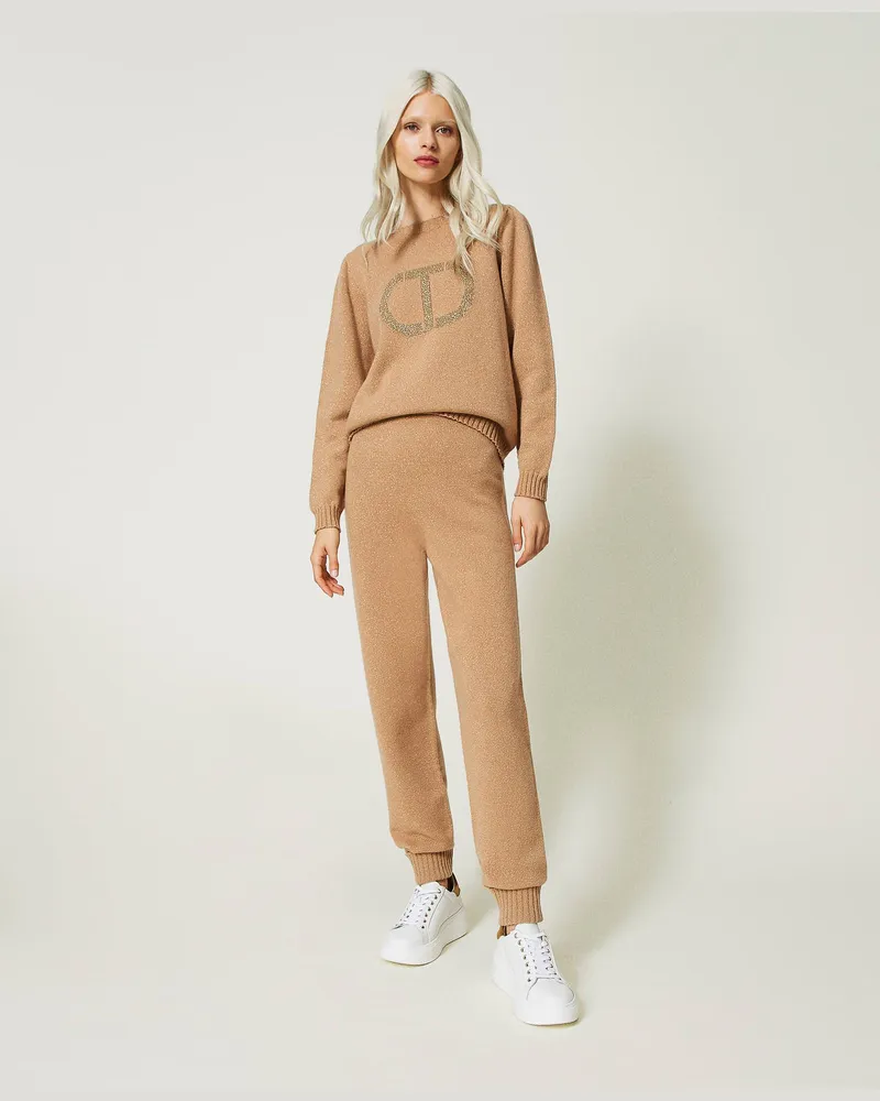 Twin-Set Hosen - Joggers aus Wollmischung und Lurex, Pecan Brown, Wolle, Größe Pecan