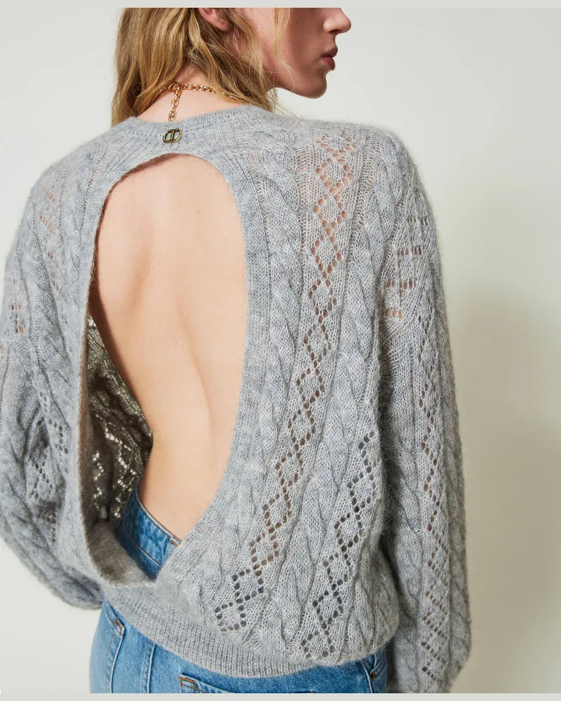 Twin-Set Pullover aus Mohairmischung mit Zöpfen und Cut-out, Durchschnittgrau-Mélange, Größe: XXL 