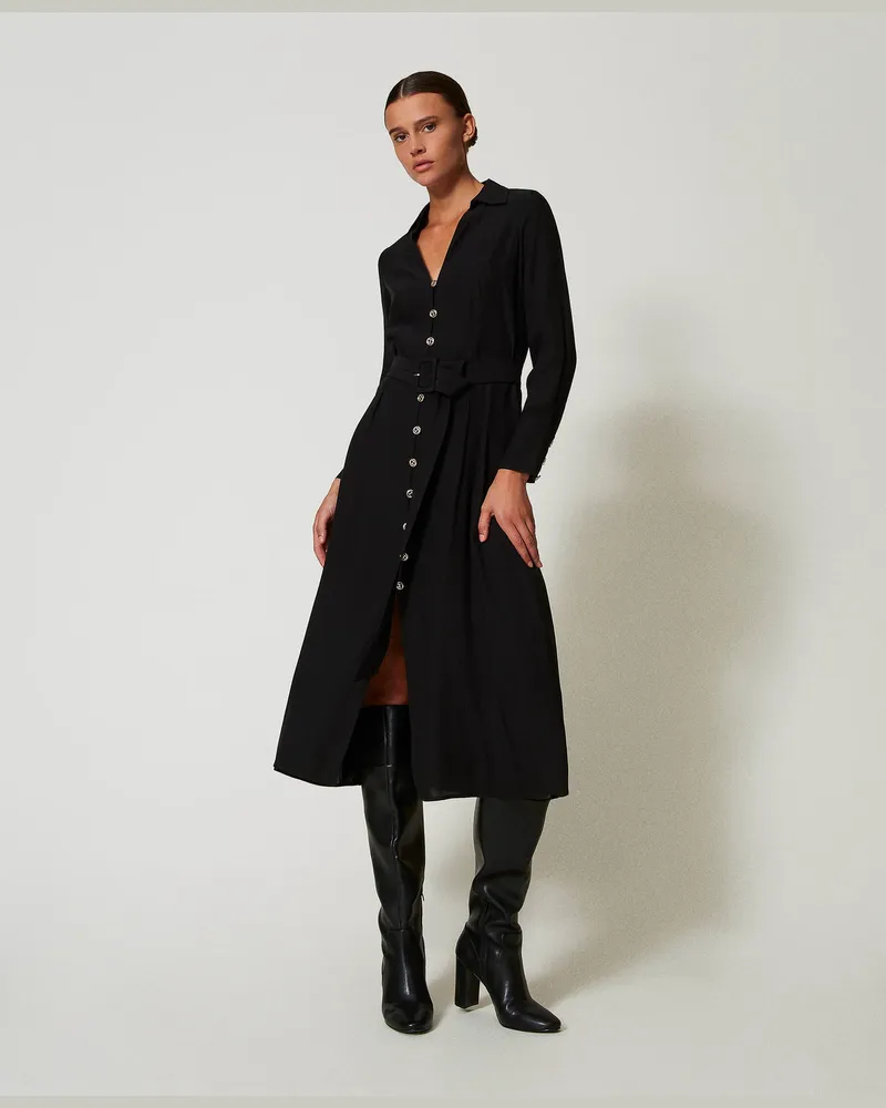 Twin-Set Kleider - Langes Hemdblusenkleid aus Crêpe-Georgette, Schwarz, Größe Schwarz