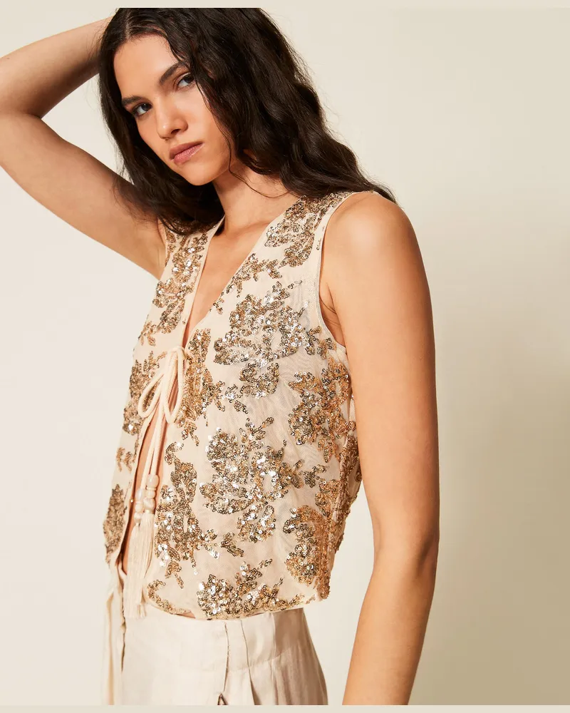 Actitude by Twinset Tops - Weste aus Tüll mit Pailletten, „Cashew"-Beige, Paillettes, Größe „cashew“-beige