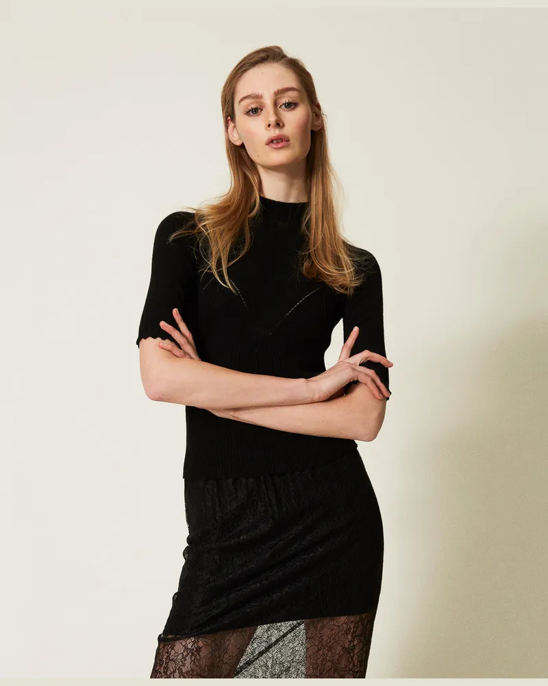 Twin-Set Figurbetonter Pullover mit Lochmuster, Schwarz, Größe: XXL 