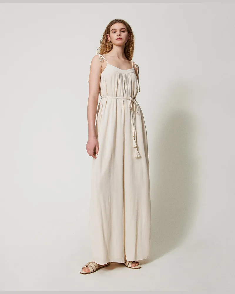 Twin-Set Bademode - Maxi-Jumpsuit aus Krepon mit Gürtel, Almond Beige, Größe: M 