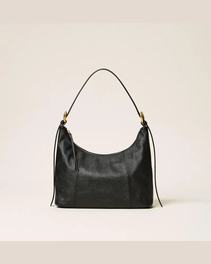 Twin-Set Hobo-Bag aus Leder mit verstellbarem Riemen, Damen, Schwarz Schwarz