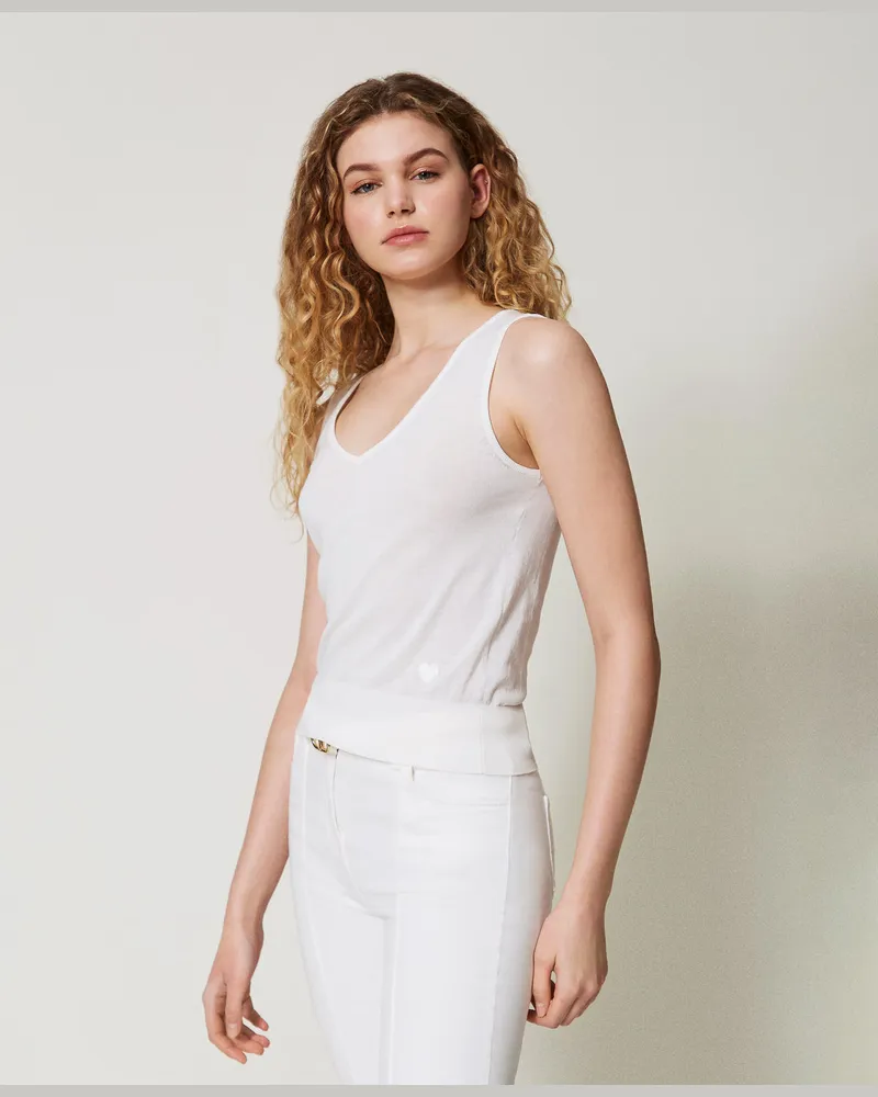 Twin-Set Tops - Ärmelloses Stricktop mit Stickerei, "Papers"-Weiß, Größe Papers-weiß