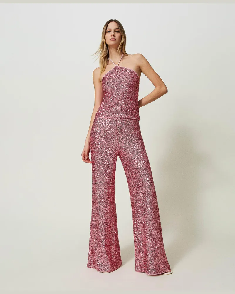 Twin-Set Bademode - Palazzohose mit Alloverpailletten, „Rose Wine"-Rosa, Paillettes, Größe: XL 