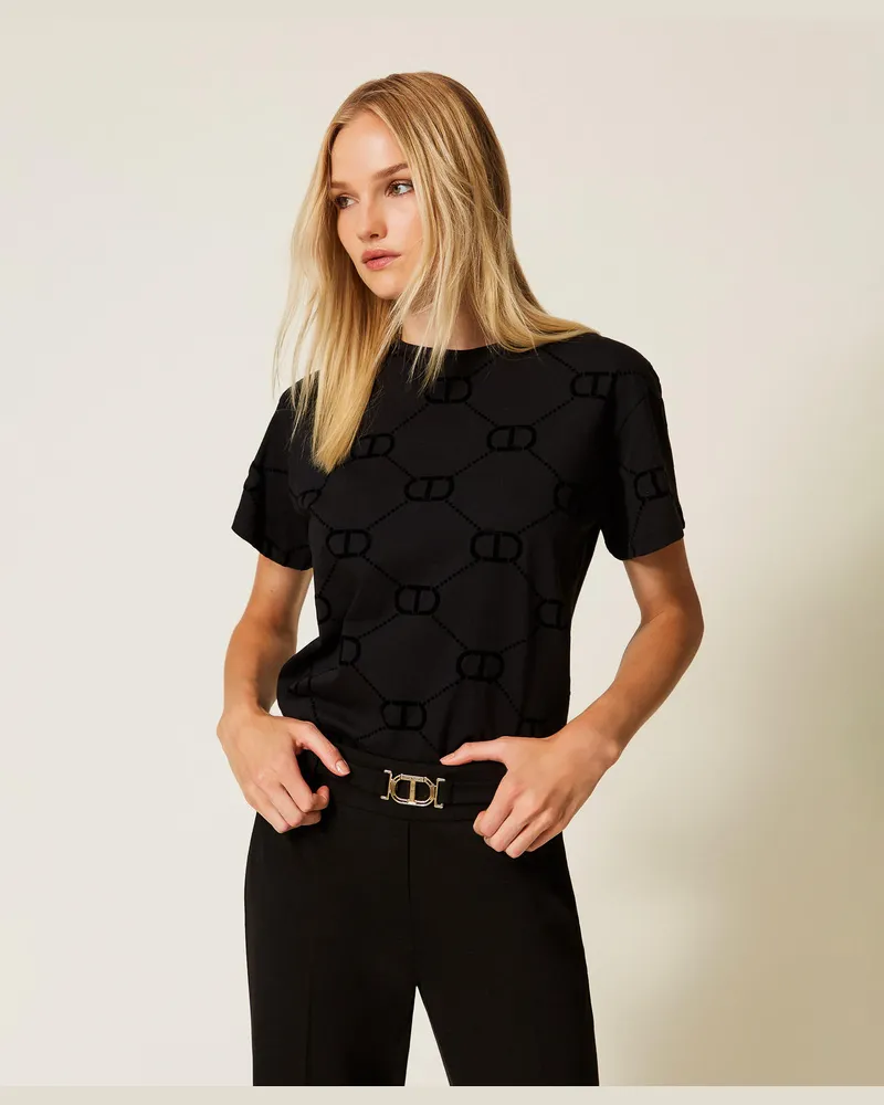 Twin-Set T-Shirts - Shirt mit „Oval T"-Flockprint, Schwarz, Baumwolle, Größe: XXL 