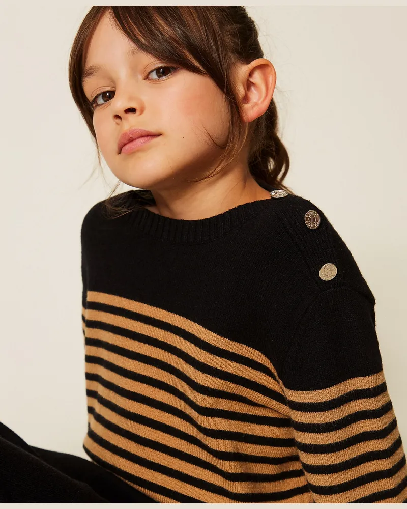 Twin-Set Gestreifter Pullover mit Knöpfen, Damen, Streifen Schwarz / "Iced Coffee"-Braun Streifen