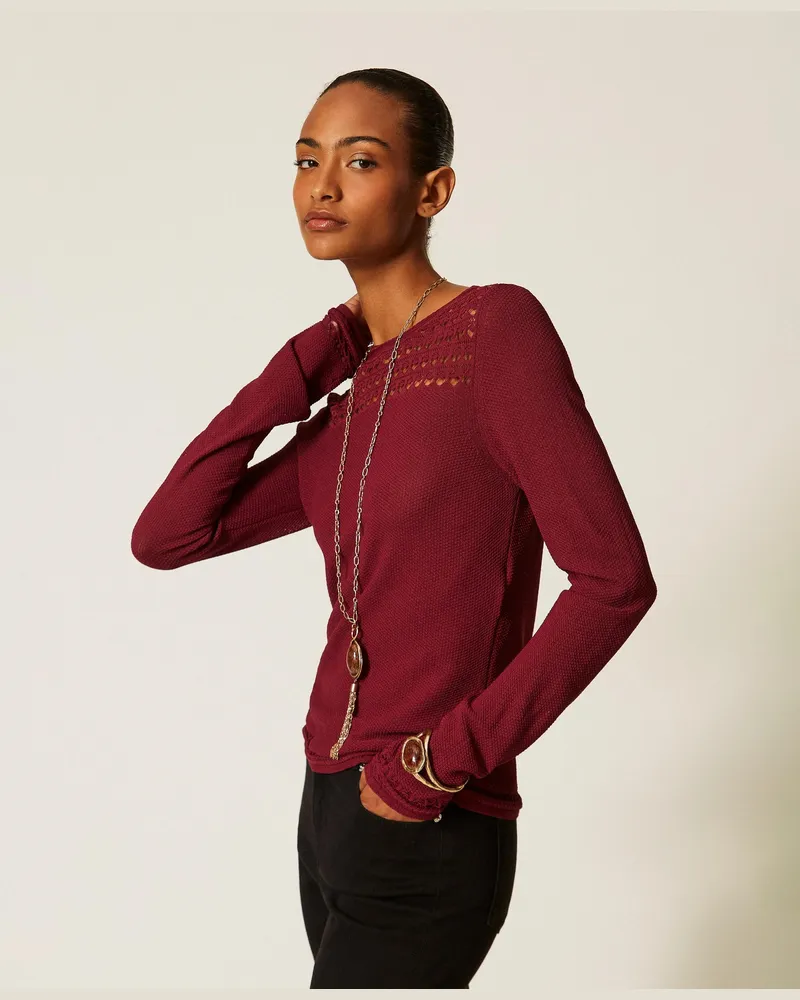 Twin-Set Rundhalspullover mit Zopfmuster, Damen, Bordeaux Bordeaux