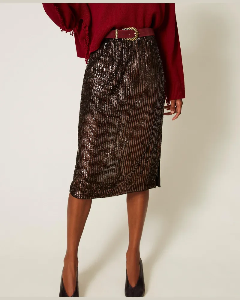 Twin-Set Midirock aus Pailletten, Damen, Sequins Stripes Brown Sequins