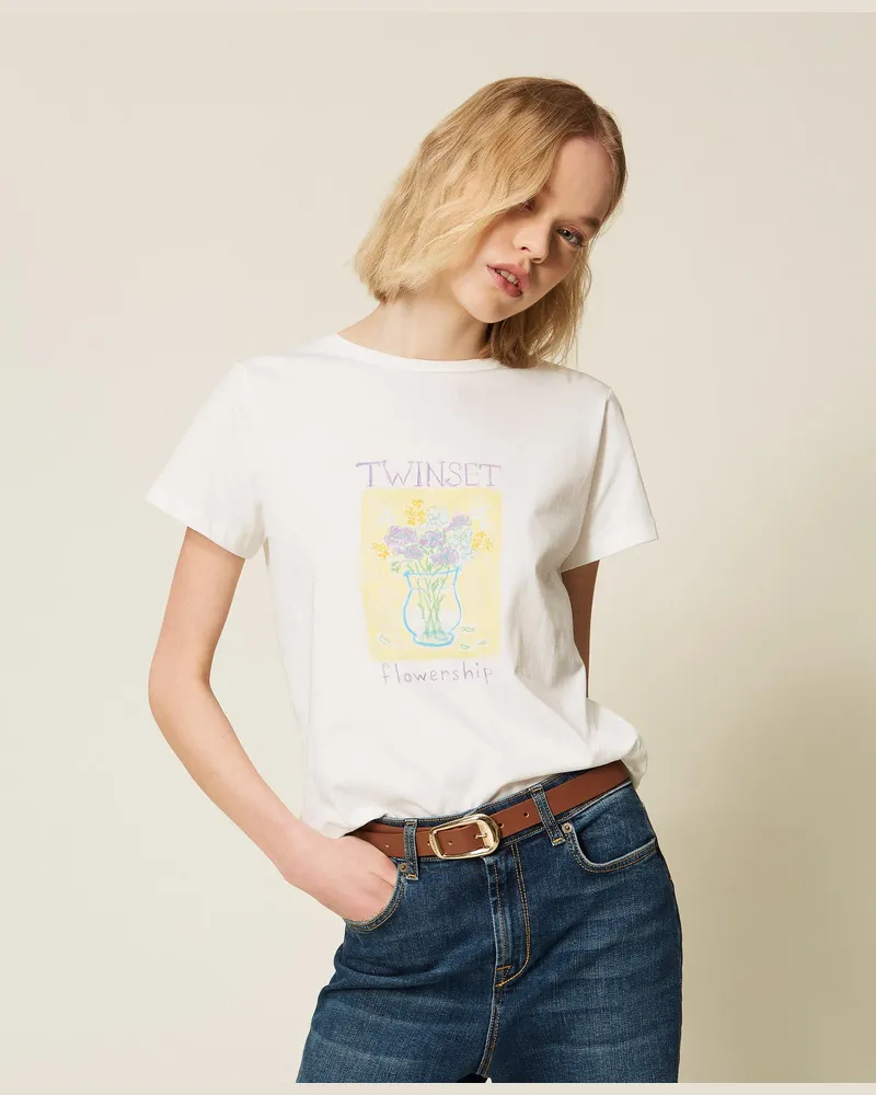 Twin-Set T-Shirts - T-Shirt im Regular-Fit mit Print, Weiß, Baumwolle, Größe Weiß