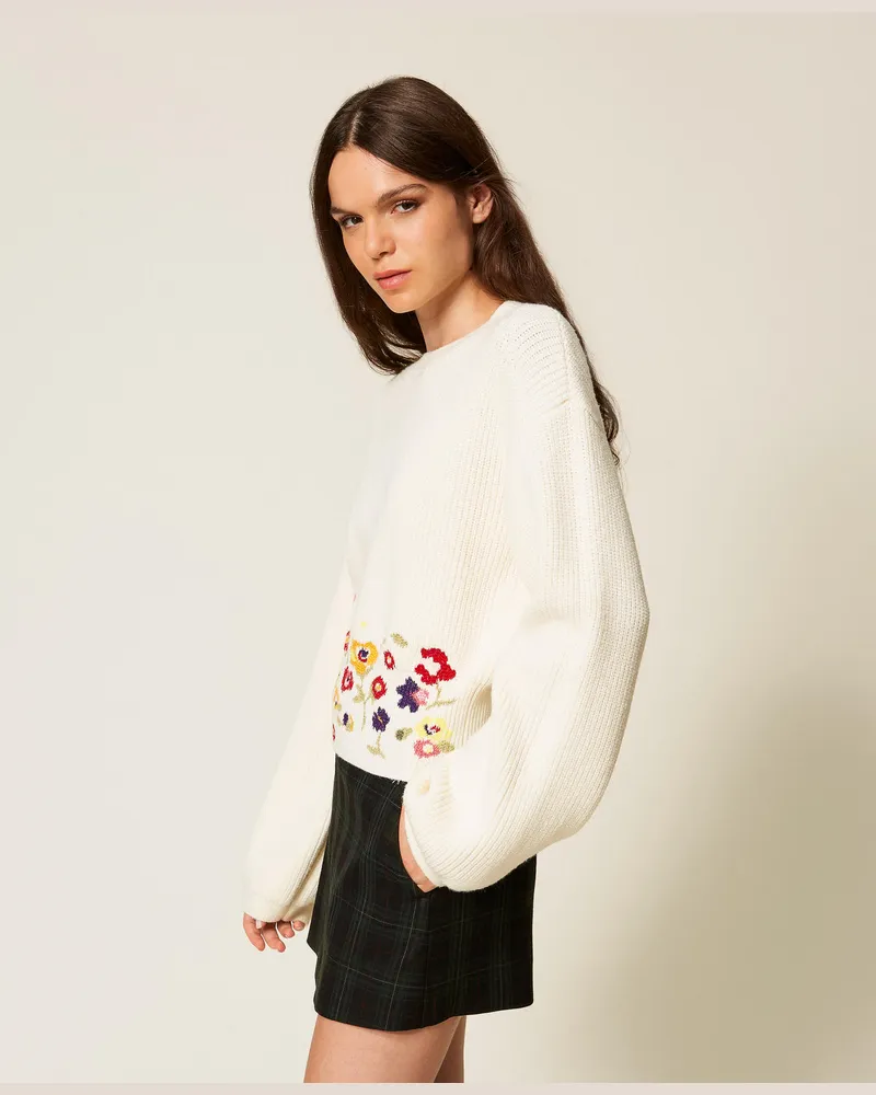 Actitude by Twinset Cropped-Pullover mit Stickerei, Weiß Schnee, Größe Weiß